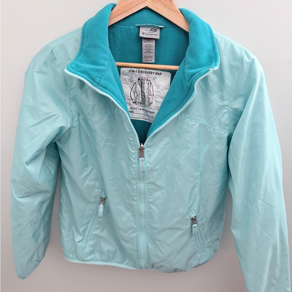 Girls Champion Aqua Mint Windbreaker Jacket Fleece Line Size 10/12 Spring Zip Up